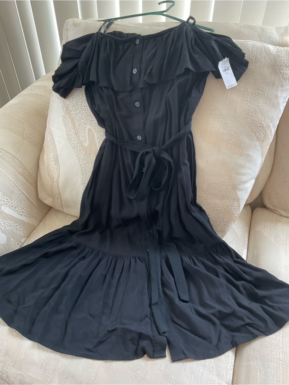 GAP Black Off-Shoulder Button Midi Dress with Waist Tie